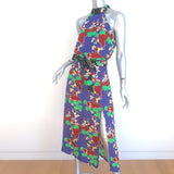 RIXO London Pearl Midi Dress Blue Cherry Blossom Print Silk Satin Size Medium
