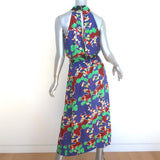 RIXO London Pearl Midi Dress Blue Cherry Blossom Print Silk Satin Size Medium