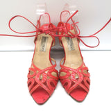 Jimmy Choo Wedge Sandals Coral Cutout Patent Leather Size 40 Ankle Tie Heels