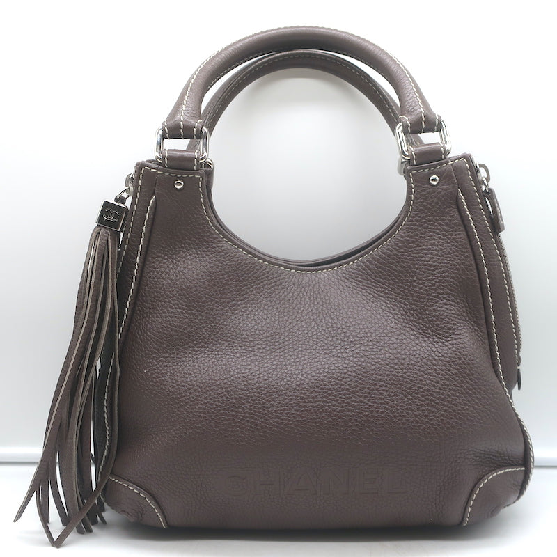 Chanel 2003 Lax Tassel Hobo Dark Brown Grained Leather Small Shoulder Bag