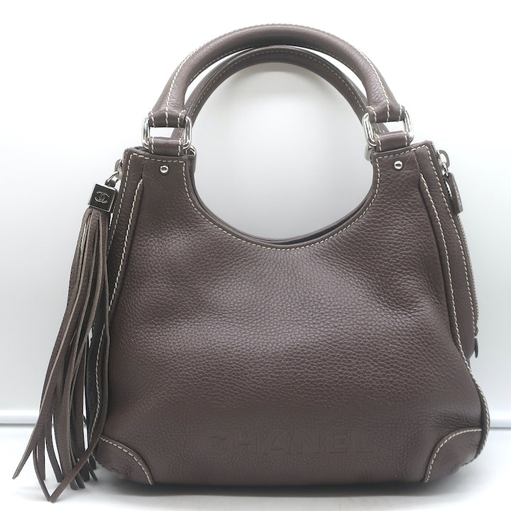 Chanel 2003 Lax Tassel Hobo Dark Brown Grained Leather Small Shoulder Bag