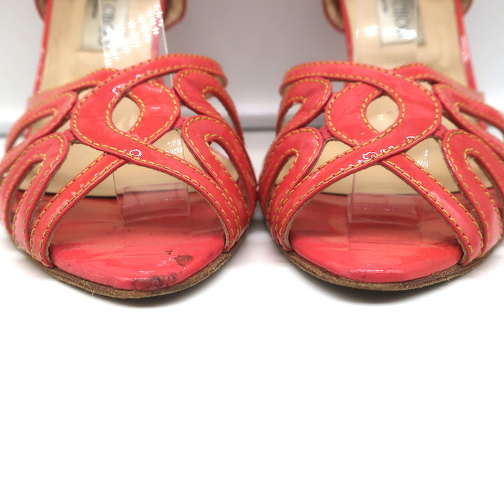 Jimmy Choo Wedge Sandals Coral Cutout Patent Leather Size 40 Ankle Tie Heels