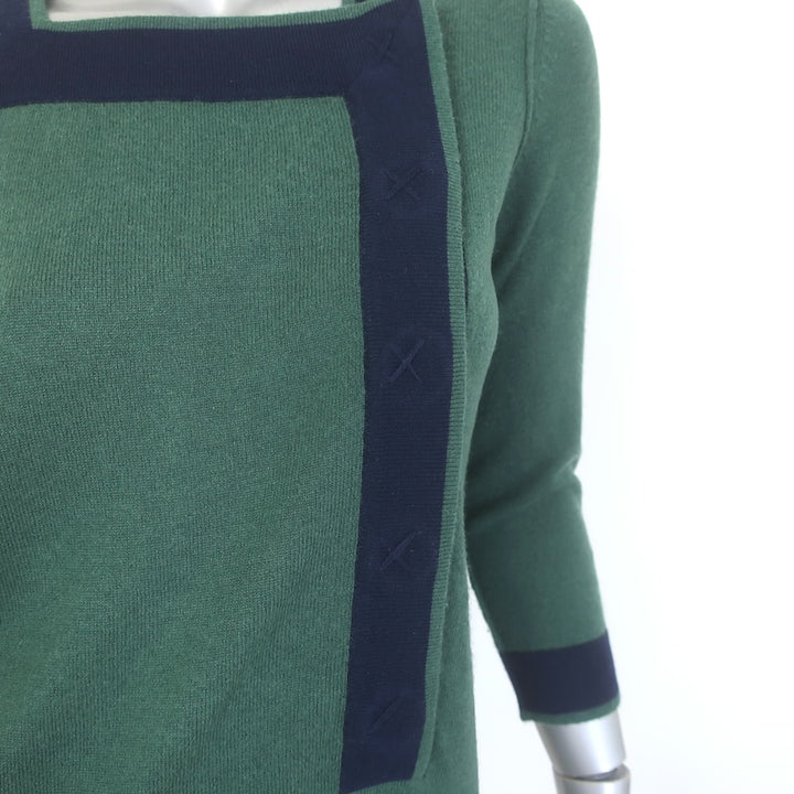 Zhor &amp; Nema Contrast-Trim Mini Sweater Dress Green/Navy Wool-Cashmere Size Small