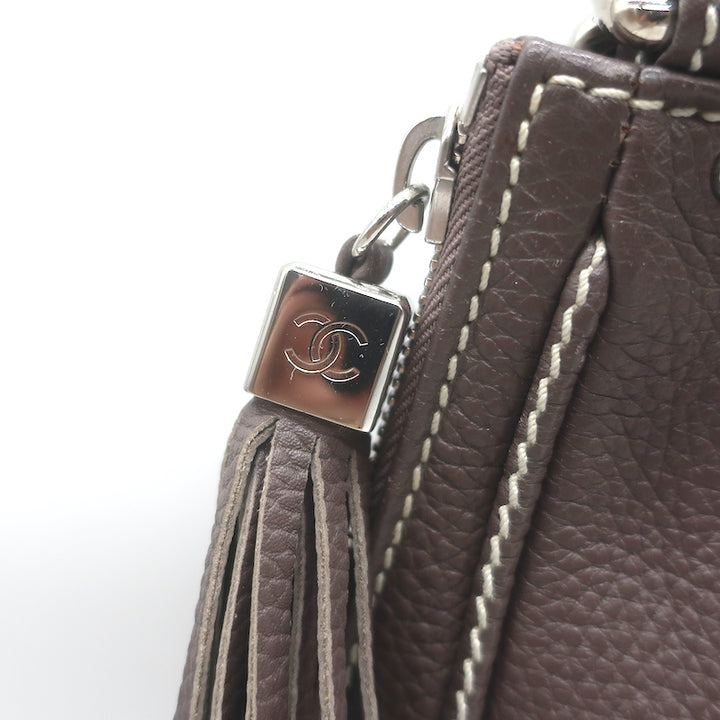 Chanel 2003 Lax Tassel Hobo Dark Brown Grained Leather Small Shoulder Bag