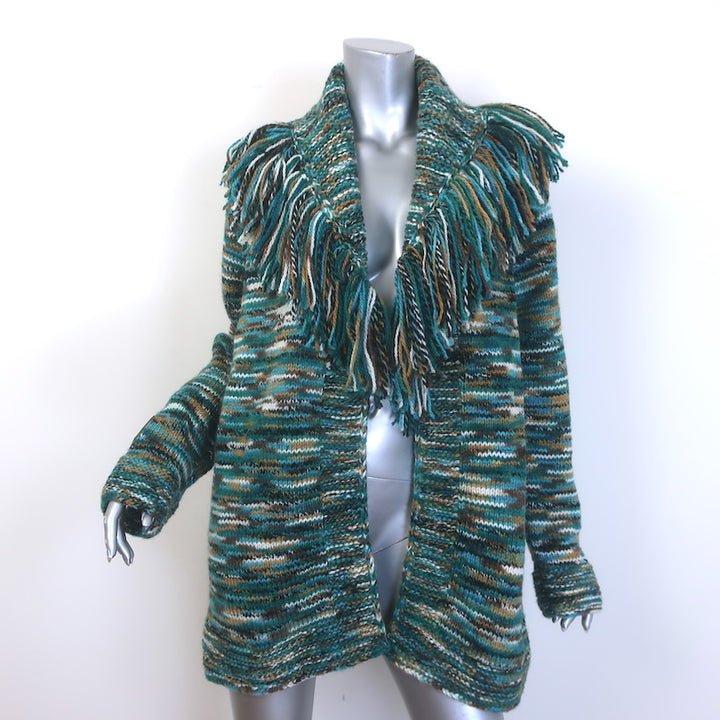 My Beachy Side Margaux Hand Knit Fringe Cardigan Teal/Multi Size Small