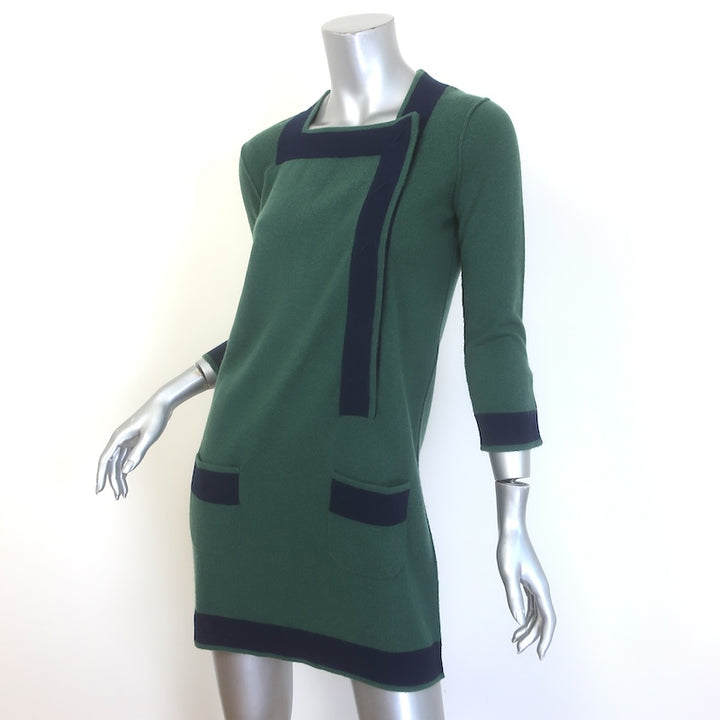 Zhor &amp; Nema Contrast-Trim Mini Sweater Dress Green/Navy Wool-Cashmere Size Small