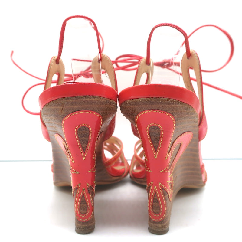 Jimmy Choo Wedge Sandals Coral Cutout Patent Leather Size 40 Ankle Tie Heels