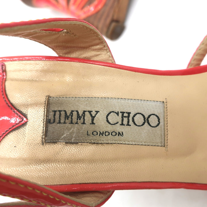 Jimmy Choo Wedge Sandals Coral Cutout Patent Leather Size 40 Ankle Tie Heels