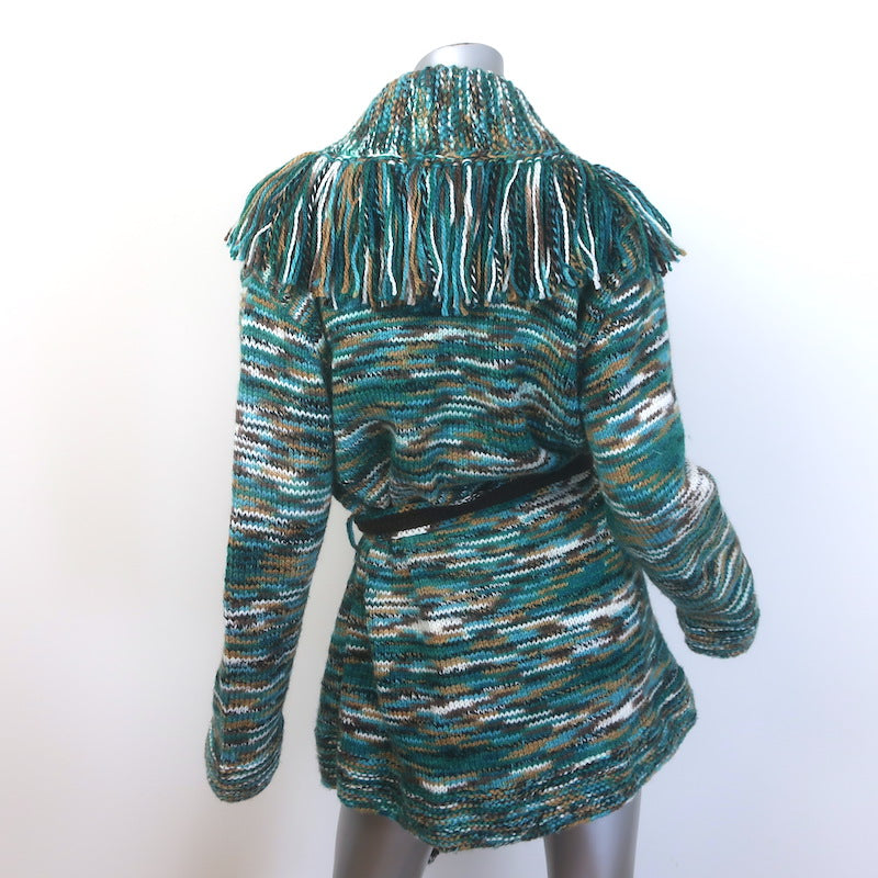 My Beachy Side Margaux Hand Knit Fringe Cardigan Teal/Multi Size Small
