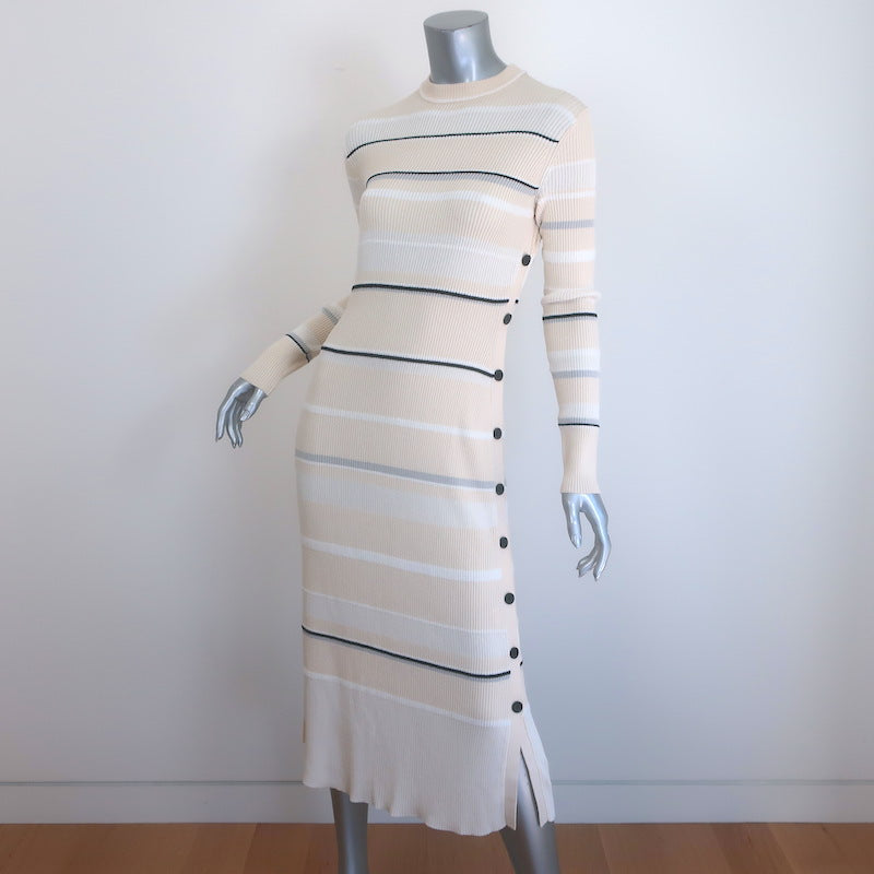 Proenza Schouler Rachel Side-Button Striped Rib Knit Midi Dress Ecru Size Small