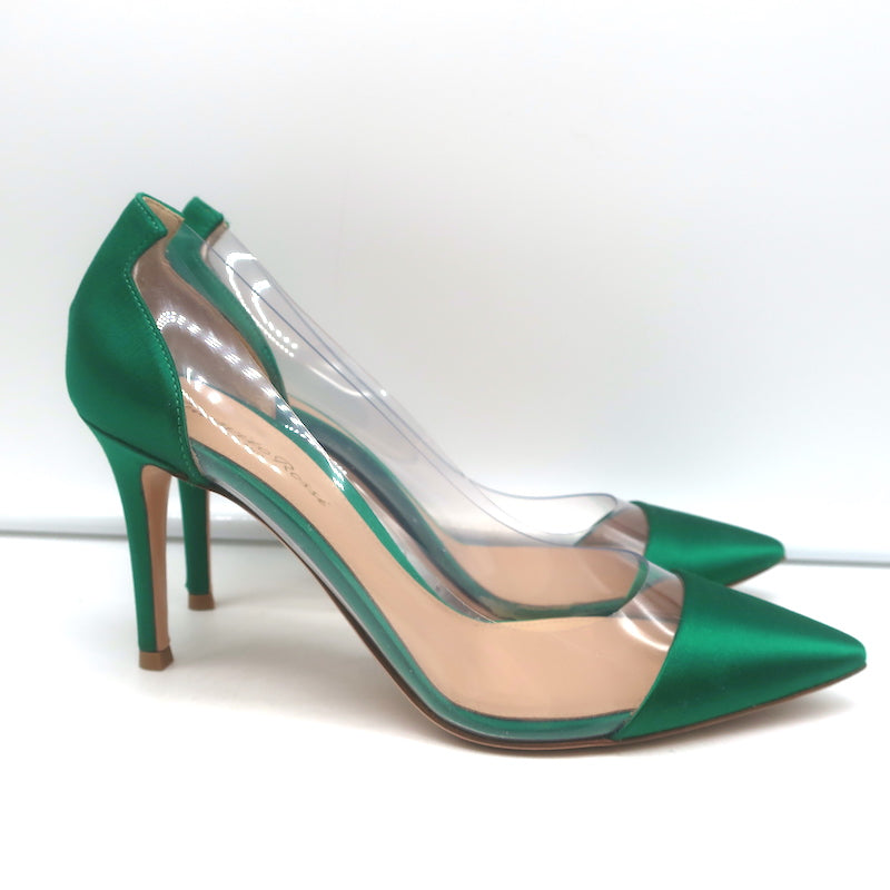 Gianvito Rossi Plexi Pumps Green Satin &amp; Clear PVC Size 37.5 Pointed Toe Heels