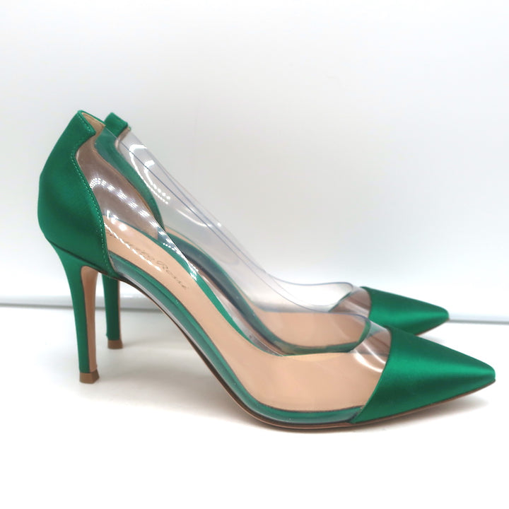 Gianvito Rossi Plexi Pumps Green Satin &amp; Clear PVC Size 37.5 Pointed Toe Heels