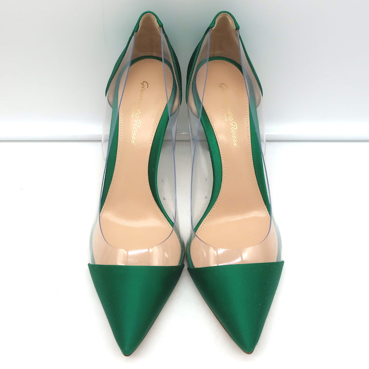 Gianvito Rossi Plexi Pumps Green Satin &amp; Clear PVC Size 37.5 Pointed Toe Heels