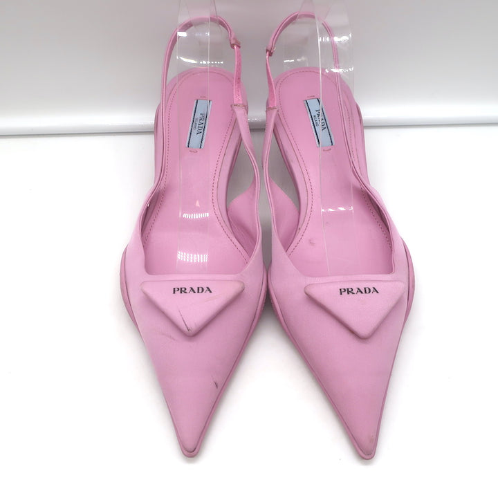 Prada Gabardine Logo Plaque Slingback Pump Pink Size 40 Pointed Toe Kitten Heel