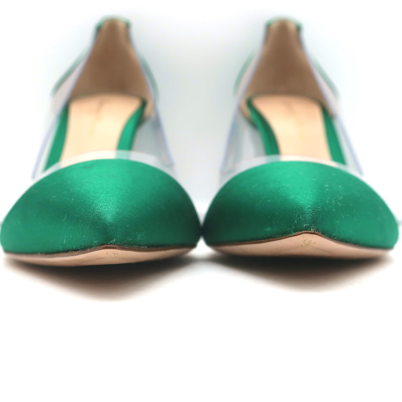 Gianvito Rossi Plexi Pumps Green Satin &amp; Clear PVC Size 37.5 Pointed Toe Heels