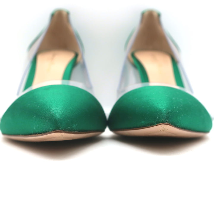 Gianvito Rossi Plexi Pumps Green Satin &amp; Clear PVC Size 37.5 Pointed Toe Heels