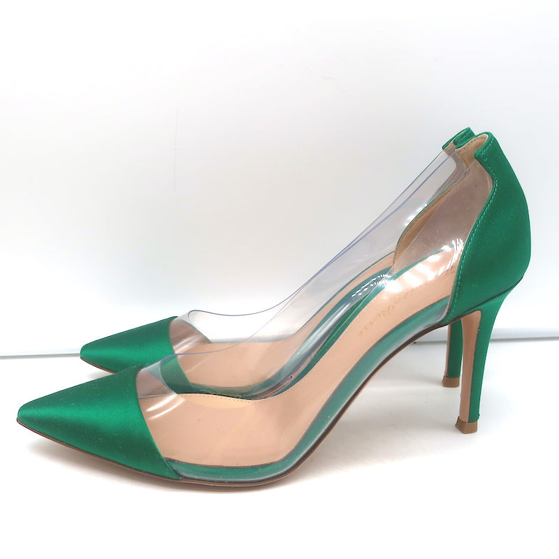 Gianvito Rossi Plexi Pumps Green Satin &amp; Clear PVC Size 37.5 Pointed Toe Heels