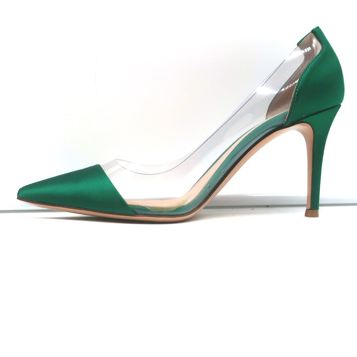 Gianvito Rossi Plexi Pumps Green Satin &amp; Clear PVC Size 37.5 Pointed Toe Heels