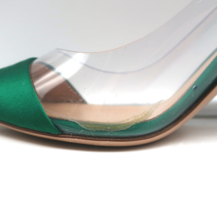 Gianvito Rossi Plexi Pumps Green Satin &amp; Clear PVC Size 37.5 Pointed Toe Heels
