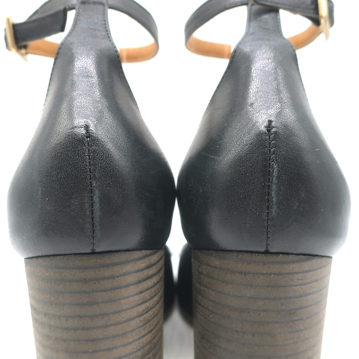 Chloe Ankle Strap Block Heel Pumps Black Leather Size 40