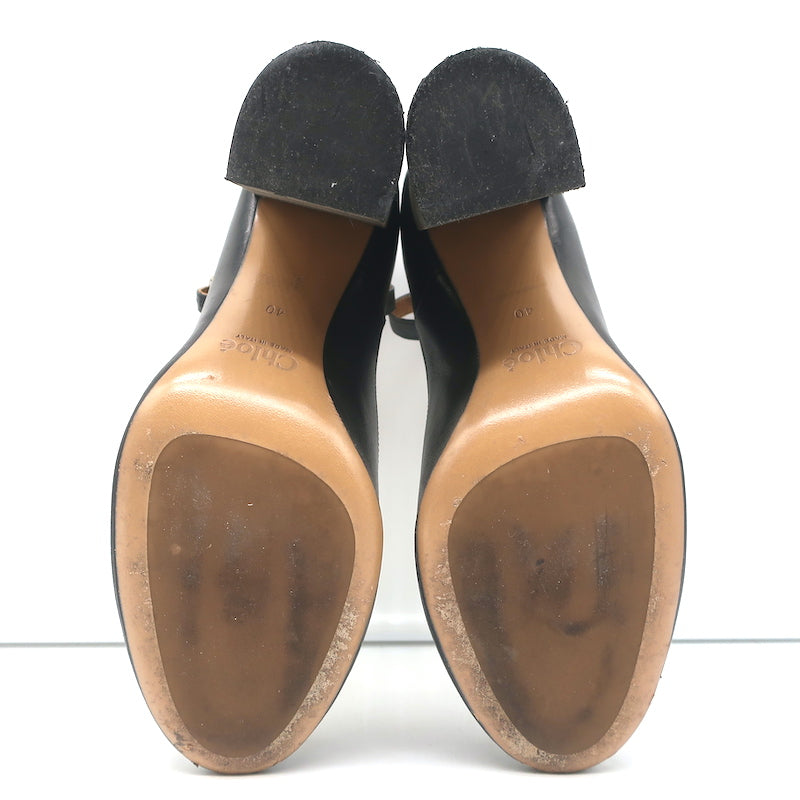 Chloe Ankle Strap Block Heel Pumps Black Leather Size 40