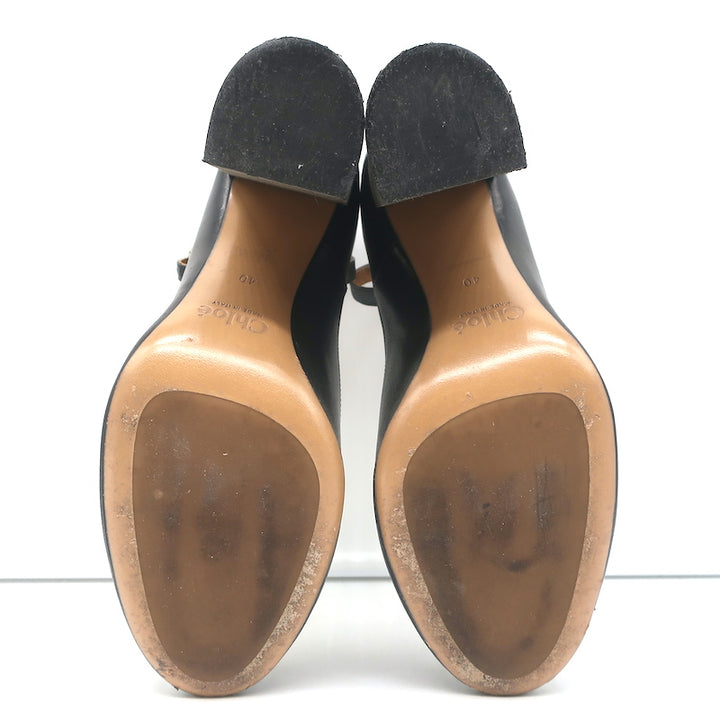 Chloe Ankle Strap Block Heel Pumps Black Leather Size 40
