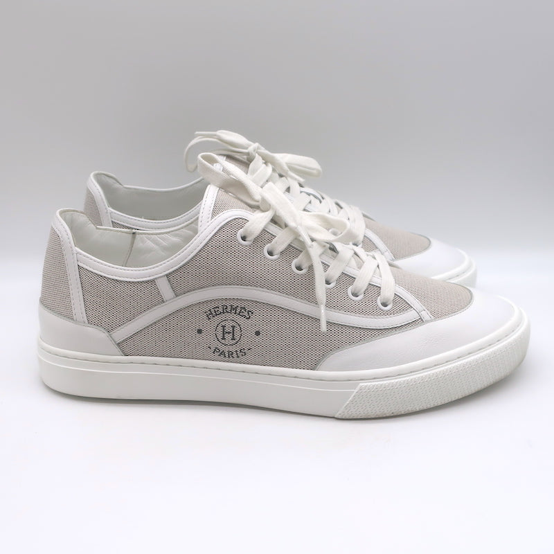 Hermes Get Low Top Sneakers Beige Canvas &amp; White Leather Size 43.5