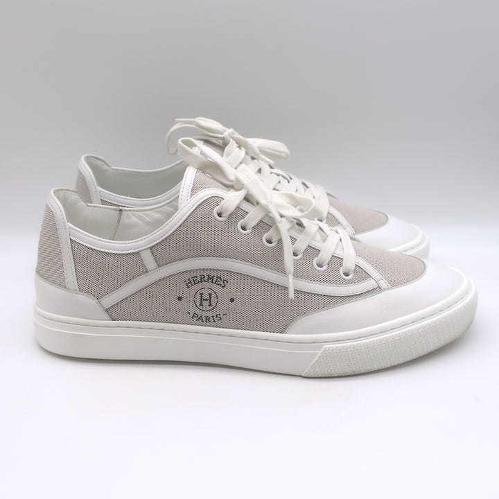 Hermes Get Low Top Sneakers Beige Canvas &amp; White Leather Size 43.5