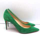 Christian Louboutin Kate 85 Pumps Green Suede Size 38 Pointed Toe Heels NEW