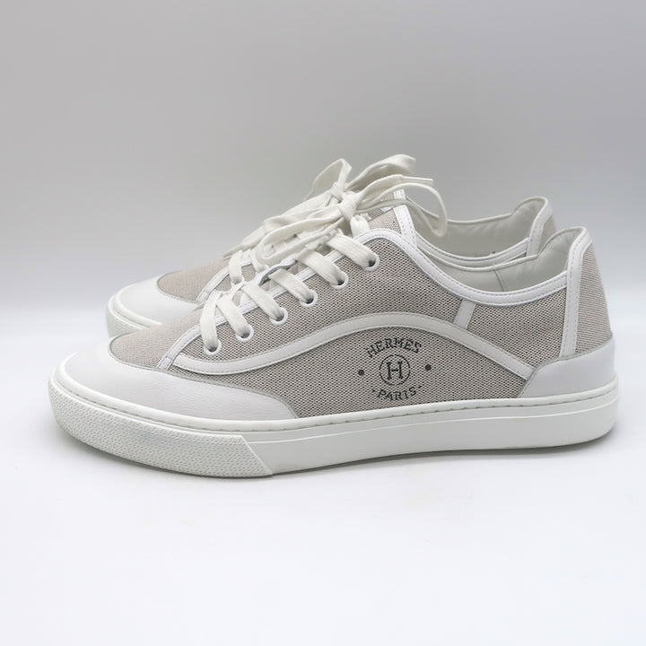 Hermes Get Low Top Sneakers Beige Canvas &amp; White Leather Size 43.5