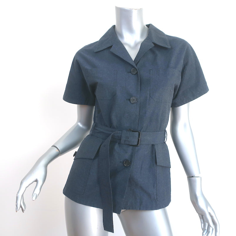 Christian Dior Belted Chambray Shirt Blue Cotton-Blend Size 38