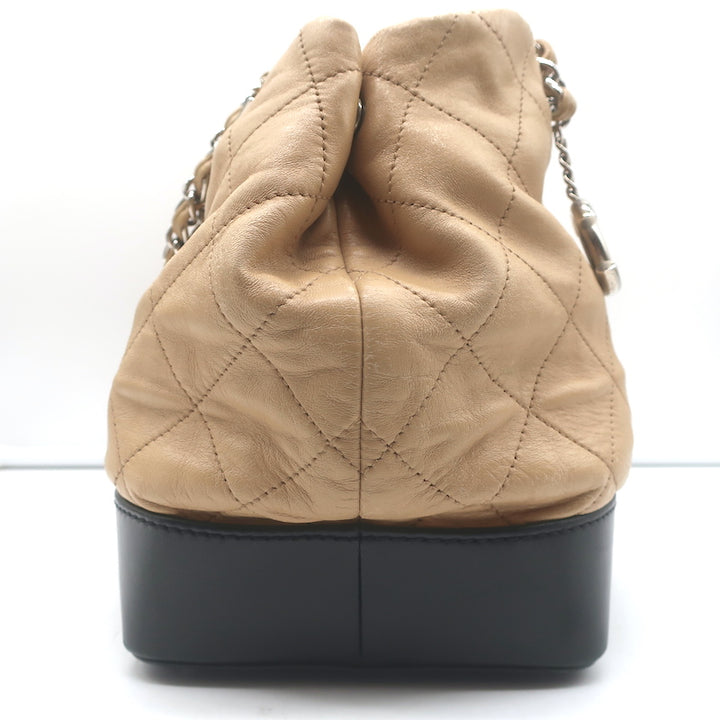 Chanel 2010 VIP Large Chain Strap Quilted Shoulder Bag Beige &amp; Black Leather