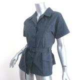 Christian Dior Belted Chambray Shirt Blue Cotton-Blend Size 38 Short Sleeve Top