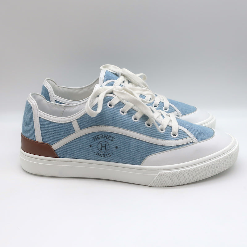 Hermes Get Low Top Sneakers Blue Denim &amp; White Leather Size 43.5
