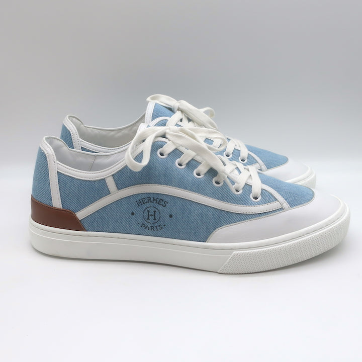 Hermes Get Low Top Sneakers Blue Denim &amp; White Leather Size 43.5