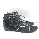 Saint Laurent Studded Fringe Sandals Black Leather Size 40.5 Flat Thong
