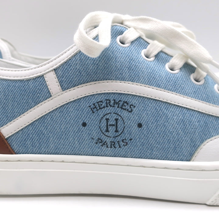 Hermes Get Low Top Sneakers Blue Denim &amp; White Leather Size 43.5