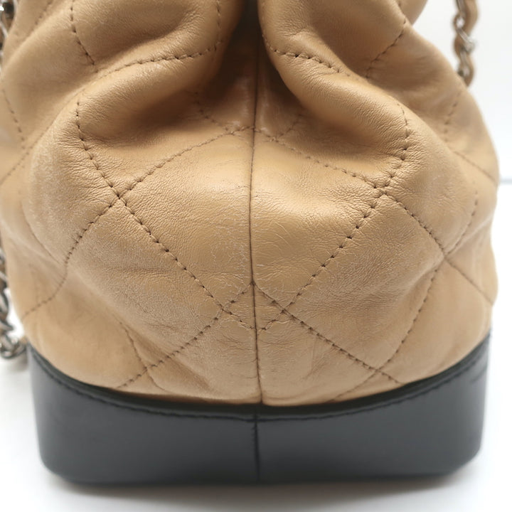 Chanel 2010 VIP Large Chain Strap Quilted Shoulder Bag Beige &amp; Black Leather
