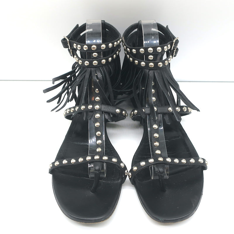 Saint Laurent Studded Fringe Sandals Black Leather Size 40.5 Flat Thong