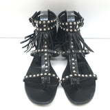 Saint Laurent Studded Fringe Sandals Black Leather Size 40.5 Flat Thong