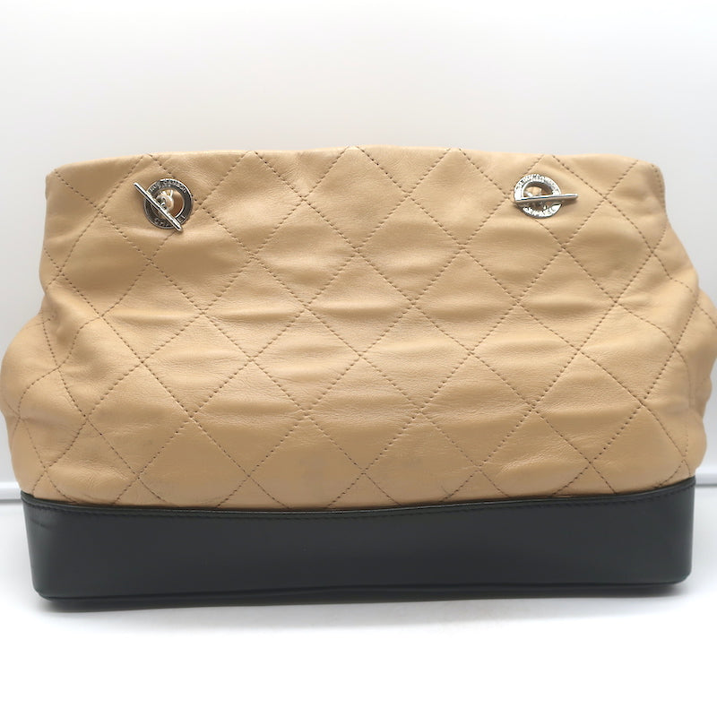 Chanel 2010 VIP Large Chain Strap Quilted Shoulder Bag Beige &amp; Black Leather