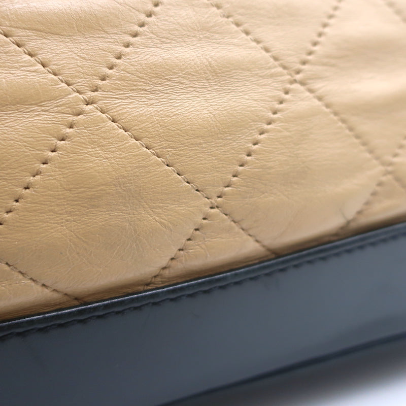 Chanel 2010 VIP Large Chain Strap Quilted Shoulder Bag Beige &amp; Black Leather