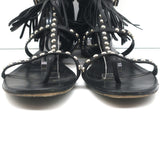 Saint Laurent Studded Fringe Sandals Black Leather Size 40.5 Flat Thong