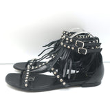Saint Laurent Studded Fringe Sandals Black Leather Size 40.5 Flat Thong