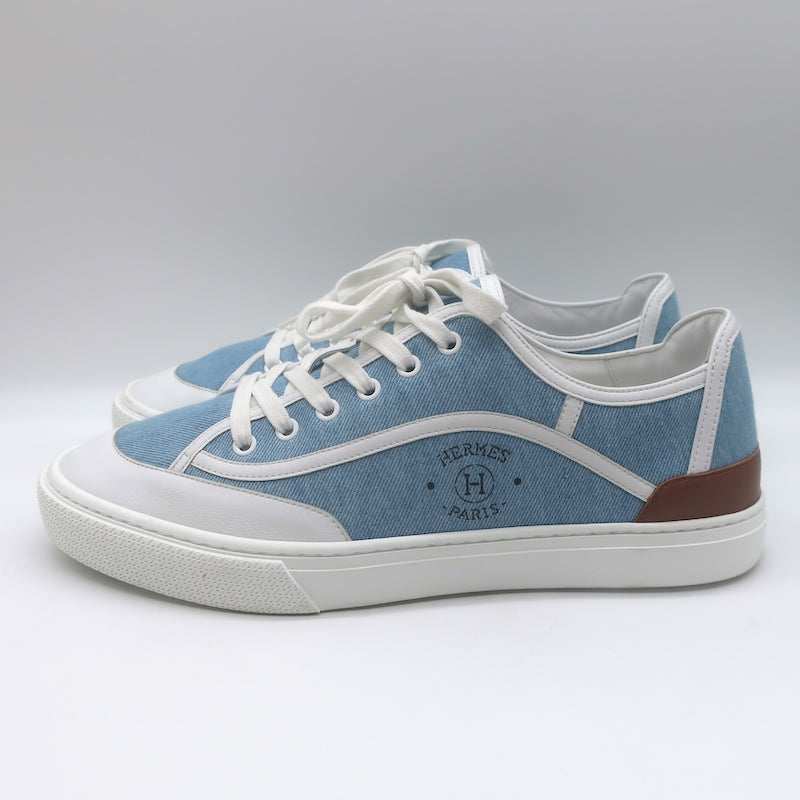 Hermes Get Low Top Sneakers Blue Denim &amp; White Leather Size 43.5