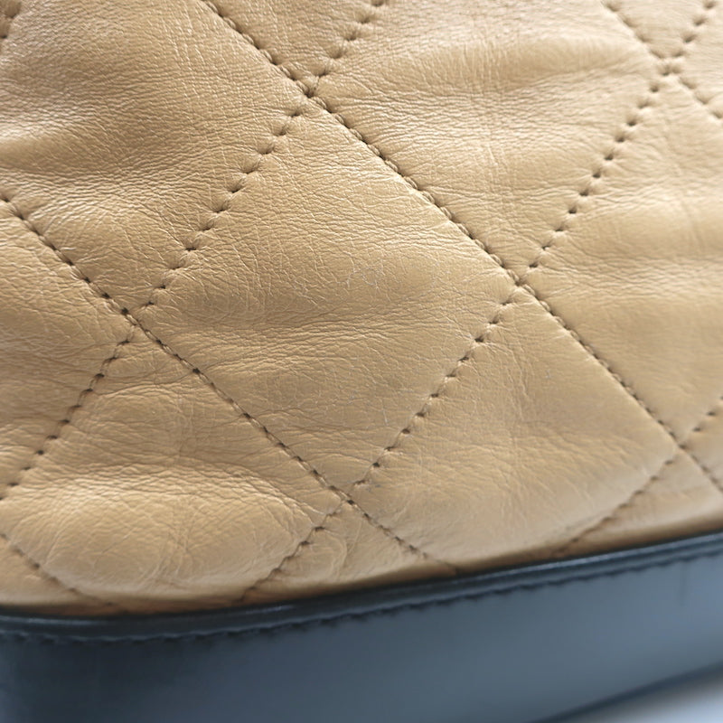 Chanel 2010 VIP Large Chain Strap Quilted Shoulder Bag Beige &amp; Black Leather
