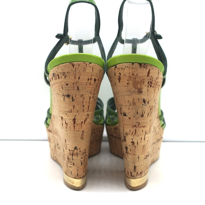 Louis Vuitton Summertime Cork Wedge Sandals Green Patent Leather Size 37.5