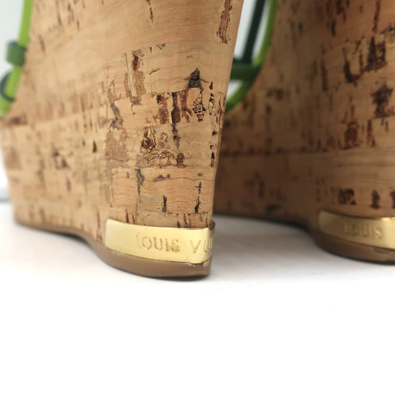 Louis Vuitton Summertime Cork Wedge Sandals Green Patent Leather Size 37.5