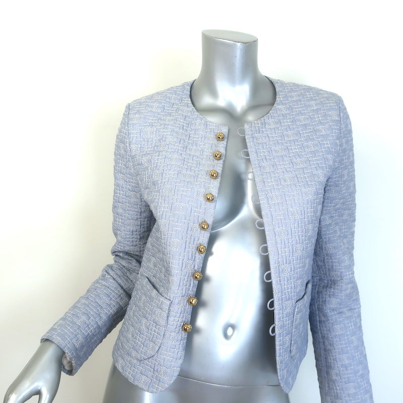 Celine Triomphe Quilted Chelsea Boutis Jacket Light Blue Cotton Size 36