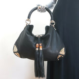 Gucci Indy Large Hobo Bag Black Leather Bamboo Tassel Crossbody